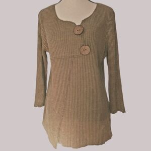 Orvis 3/4 Sleeve Scoop Neck Boho Ribbed Waffle Knit Sweater in Lt Tan - Sz M